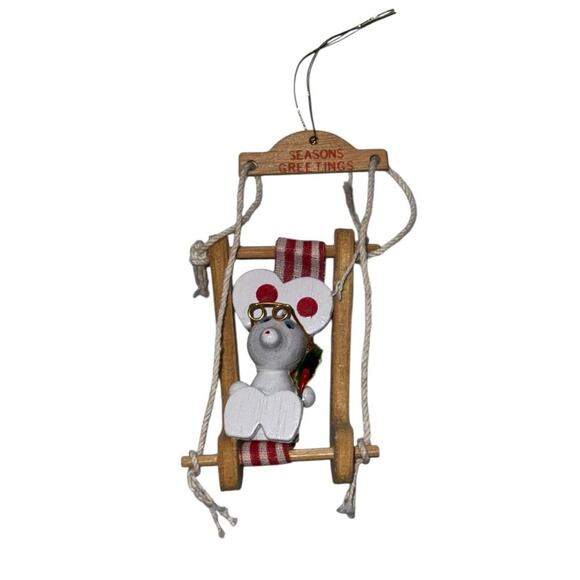 1970s Vintage Christmas White Mouse on Wooden Swing Chair Ornament Holiday Decor - Picture 6 of 6
